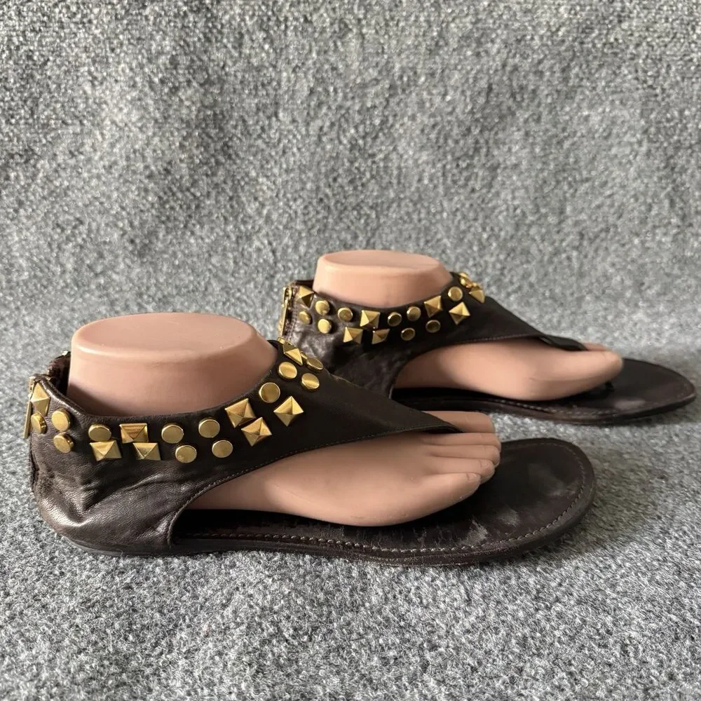 Tory Burch Leather Studded Gladiator Sandal Thong Cuff Ankle Wrap Brown Size 10M